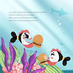 Illustration of a cartoon fish about to eat a hamburger underwater.
